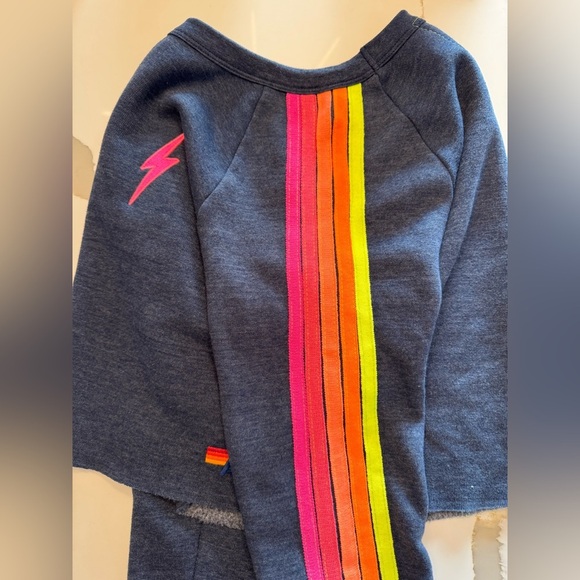 Aviator Nation BOLT CLASSIC CROPPED CREW SWEATSHIRT - HEATHER NAVY NEON STRIPES - Picture 7 of 8